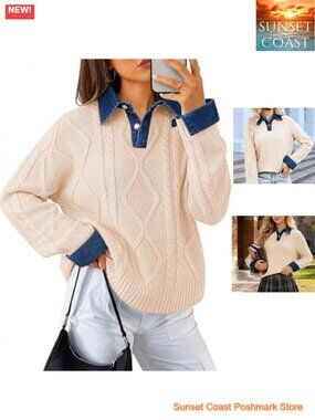Cable Knit Sweater Womens Oversized Denim Polo Pullover